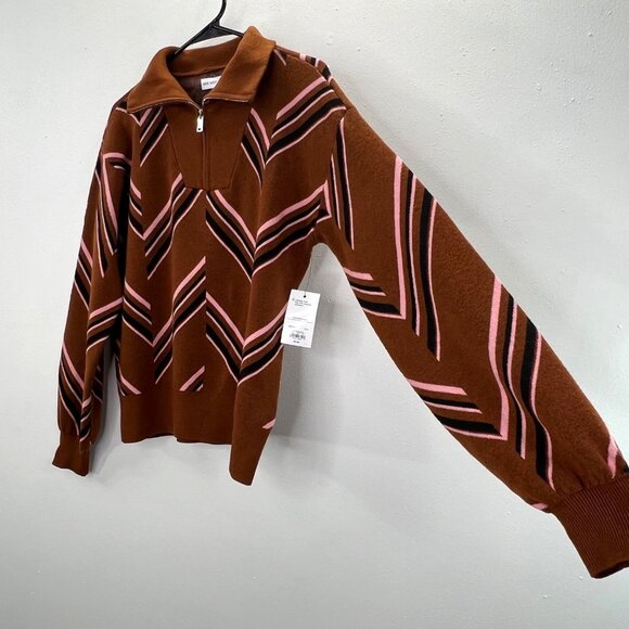 Nine West Quarter Zip Sweater S Brown Caramel Chevron Patterned Pink Black NWT - Picture 2 of 6
